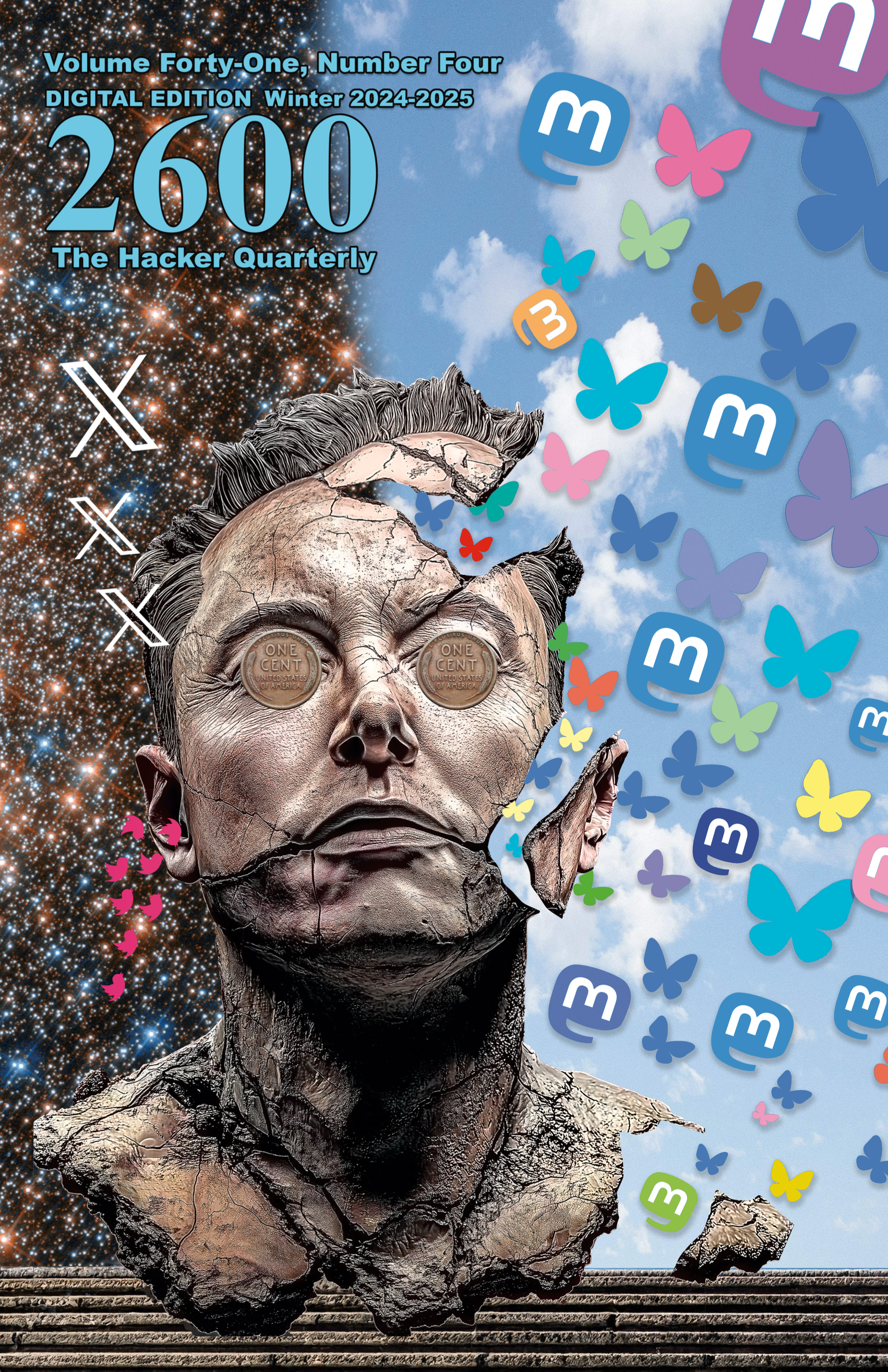 Magazine cover image: an illustration of Elon Musk as a crumbling ceramic bust with coins in his eyes