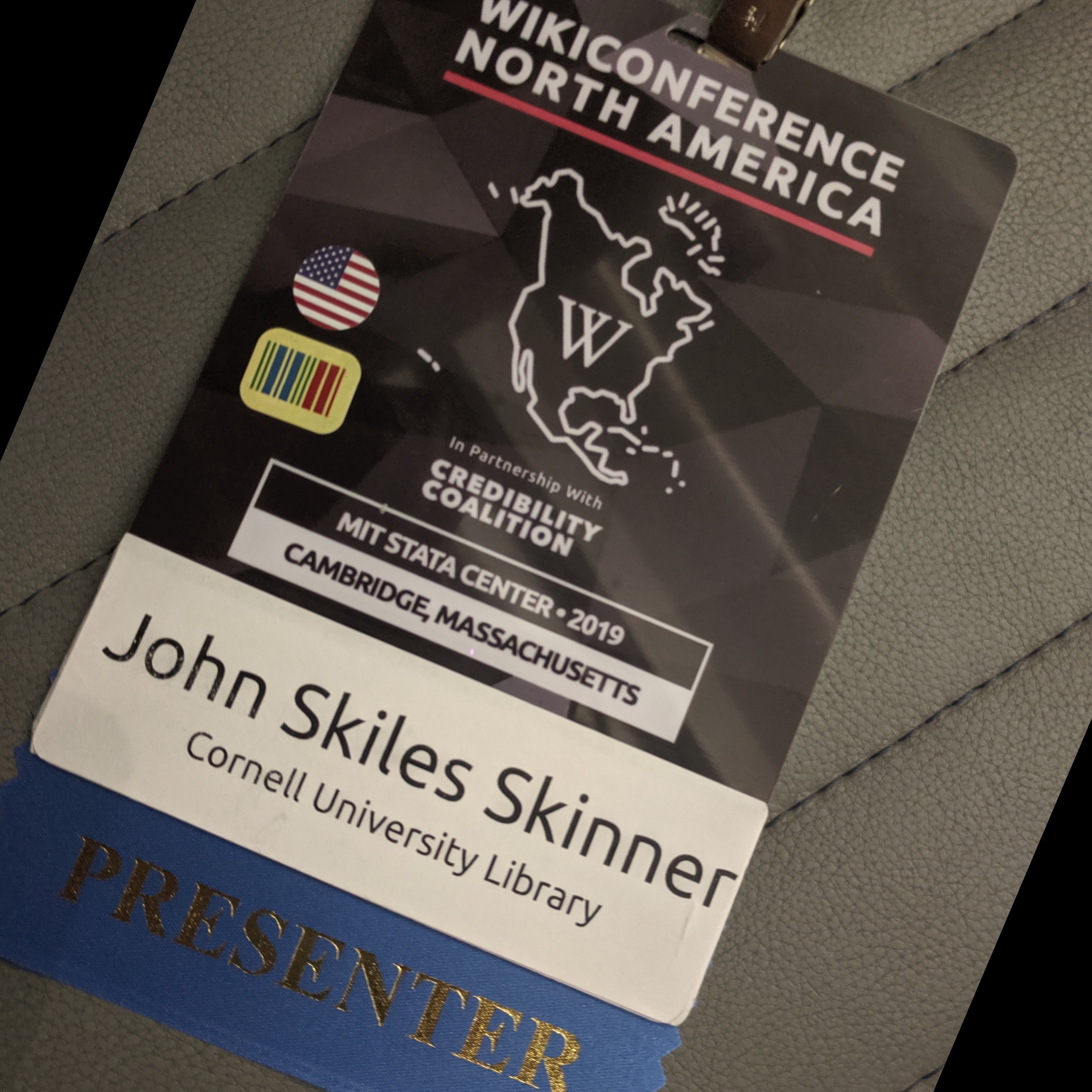 A photograph of John Skiles Skinner's conference badge from Wikiconference North America 2019